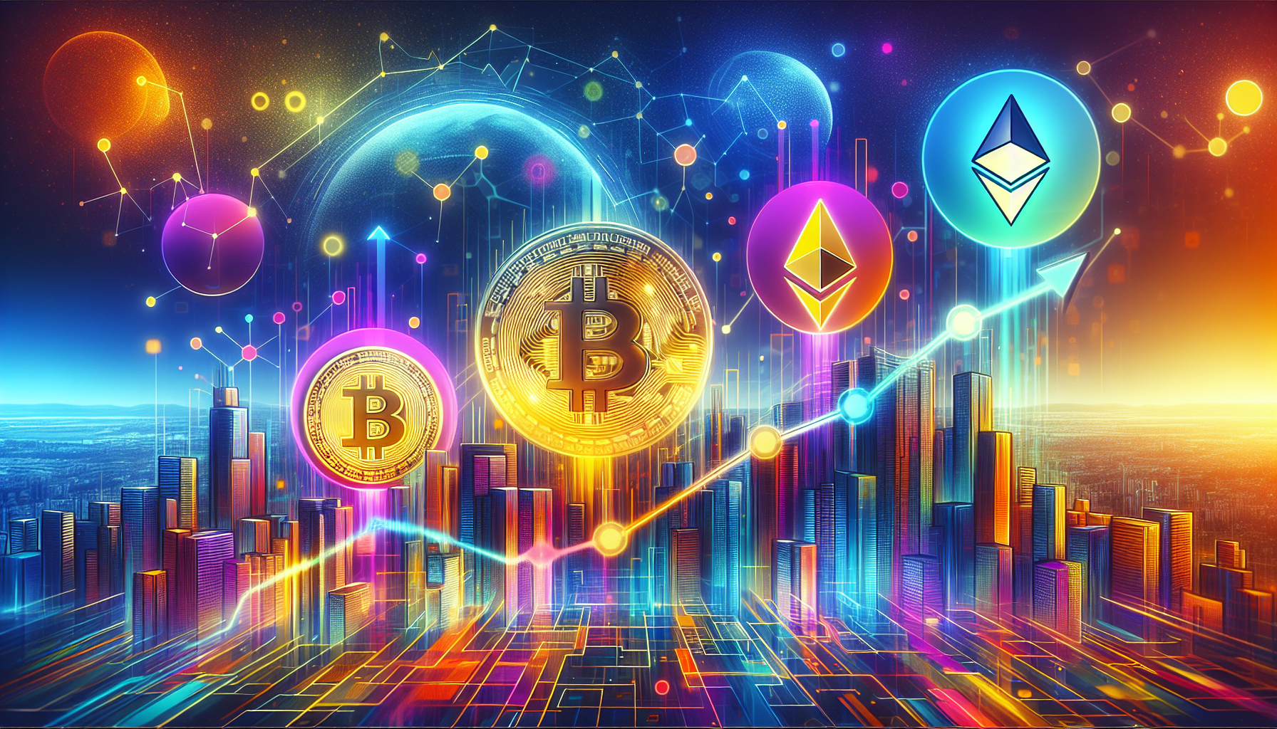 Create an image depicting the rise of various cryptocurrencies, illustrating their potential impact. Include symbols or representations of Bitcoin, Ethereum, and other emerging cryptocurrencies like Cardano, Solana, and Polkadot, ascending together on a graph. The graph should symbolize growth, with a futuristic cityscape in the background that reflects technological advancement and digital innovation. Use vibrant and dynamic colors to convey a sense of excitement and potential.