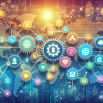 Create an illustration depicting the rise of blockchain companies transforming various industries worldwide. The scene should include interconnected gears symbolizing different sectors like finance, healthcare, supply chain, and real estate, all linked with chains of blockchain icons. The background should display a world map with digital nodes and networks signifying global connectivity and innovation. Use modern and futuristic design elements to reflect the advanced technology and its impact on different industries.