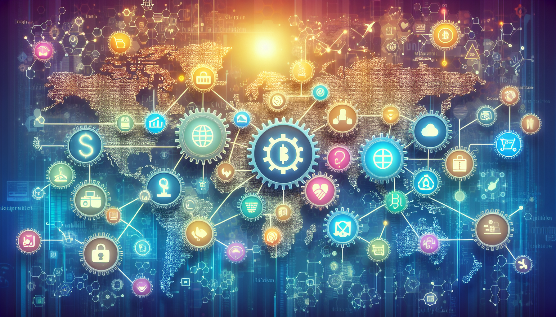 Create an illustration depicting the rise of blockchain companies transforming various industries worldwide. The scene should include interconnected gears symbolizing different sectors like finance, healthcare, supply chain, and real estate, all linked with chains of blockchain icons. The background should display a world map with digital nodes and networks signifying global connectivity and innovation. Use modern and futuristic design elements to reflect the advanced technology and its impact on different industries.