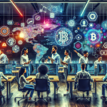 Create a detailed image of a diverse group of tech-savvy software developers collaborating and working on innovative blockchain projects in a modern, high-tech office. Include computer screens displaying blockchain code, flowcharts, and digital currency icons. The atmosphere should be dynamic and futuristic, highlighting the high demand and enthusiasm in the blockchain industry.