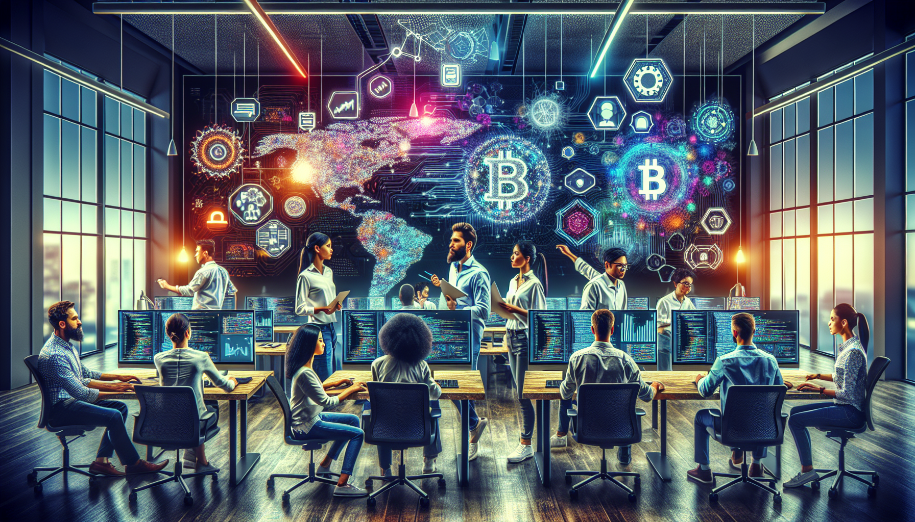 Create a detailed image of a diverse group of tech-savvy software developers collaborating and working on innovative blockchain projects in a modern, high-tech office. Include computer screens displaying blockchain code, flowcharts, and digital currency icons. The atmosphere should be dynamic and futuristic, highlighting the high demand and enthusiasm in the blockchain industry.