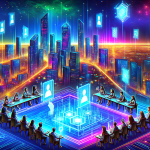 Create an image showcasing a futuristic city skyline at night, illuminated by neon lights. In the foreground, feature representatives from the top 10 best blockchain development companies collaborating on holographic devices and digital diagrams. The scene should feel high-tech and vibrant, highlighting innovation and collaboration in blockchain technology.