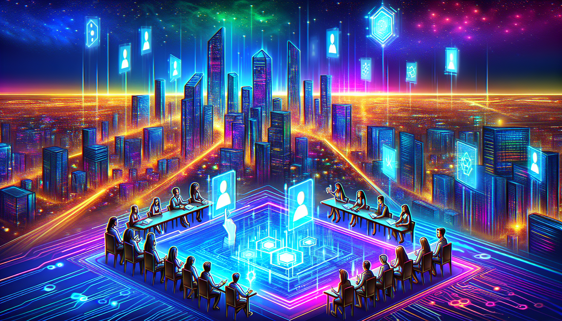 Create an image showcasing a futuristic city skyline at night, illuminated by neon lights. In the foreground, feature representatives from the top 10 best blockchain development companies collaborating on holographic devices and digital diagrams. The scene should feel high-tech and vibrant, highlighting innovation and collaboration in blockchain technology.