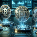 Create an image depicting futuristic digital coins representing various AI cryptocurrencies floating in a high-tech, cyber-themed environment. Each coin features intricate designs of circuit patterns and AI motifs, like neural networks and robotic elements. The background should have a holographic financial chart with upward trends and futuristic holograms displaying data, symbolizing investment potential. Include a sleek, modern aesthetic to convey the cutting-edge nature of AI and cryptocurrency technology.