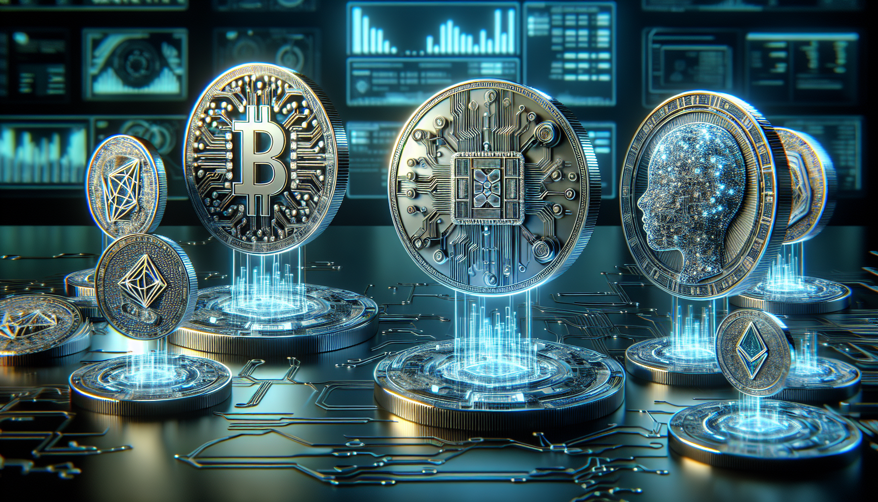 Create an image depicting futuristic digital coins representing various AI cryptocurrencies floating in a high-tech, cyber-themed environment. Each coin features intricate designs of circuit patterns and AI motifs, like neural networks and robotic elements. The background should have a holographic financial chart with upward trends and futuristic holograms displaying data, symbolizing investment potential. Include a sleek, modern aesthetic to convey the cutting-edge nature of AI and cryptocurrency technology.