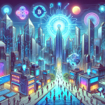 Create an image of a futuristic cityscape where towering skyscrapers display holographic logos of leading blockchain software companies. The scene should emphasize advanced technology with digital circuits and blockchain symbols interwoven into the architecture. People and robots interact seamlessly, showcasing a vibrant, high-tech society driven by blockchain innovation. A central holographic display in the city square should highlight the phrase 'Revolutionizing the Tech Industry' in bold, glowing letters.