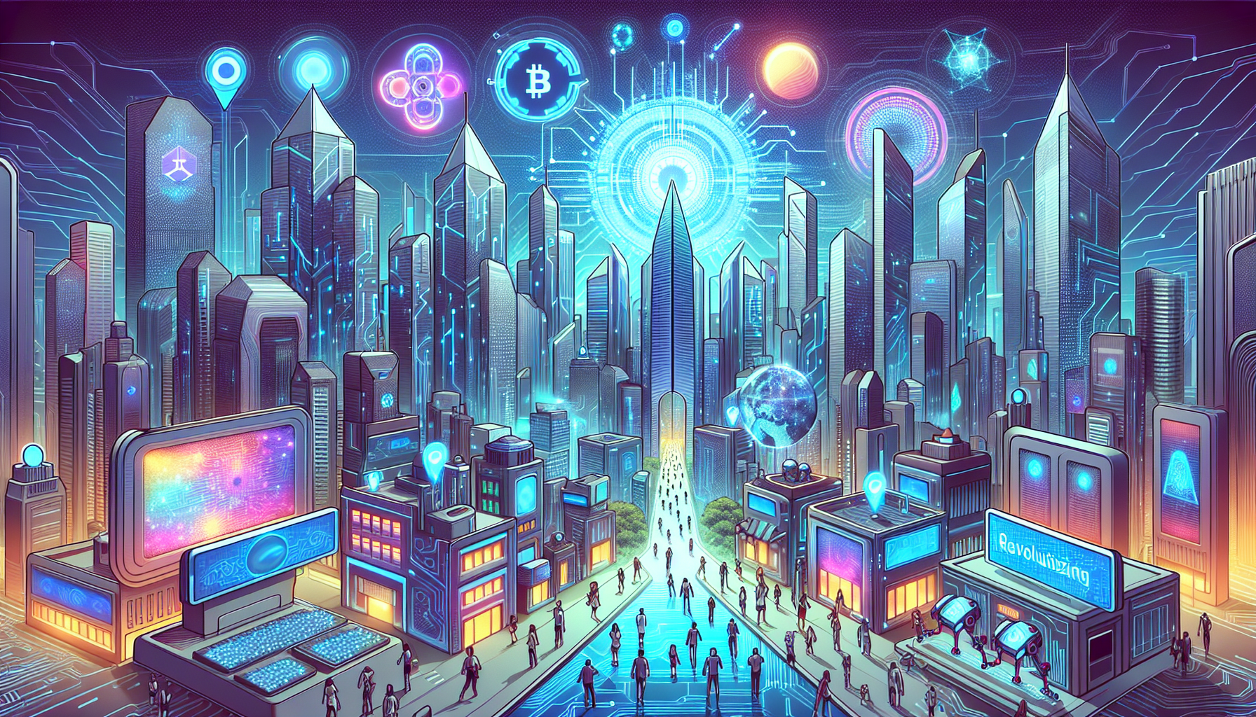 Create an image of a futuristic cityscape where towering skyscrapers display holographic logos of leading blockchain software companies. The scene should emphasize advanced technology with digital circuits and blockchain symbols interwoven into the architecture. People and robots interact seamlessly, showcasing a vibrant, high-tech society driven by blockchain innovation. A central holographic display in the city square should highlight the phrase 'Revolutionizing the Tech Industry' in bold, glowing letters.