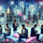 A futuristic city scene where digital currency icons float above buildings, with transparent computer screens displaying blockchain algorithms and a diverse group of people using different devices to engage in transactions. The background features sleek skyscrapers embedded with circuits and glowing ledgers, symbolizing the merging of technology and finance.