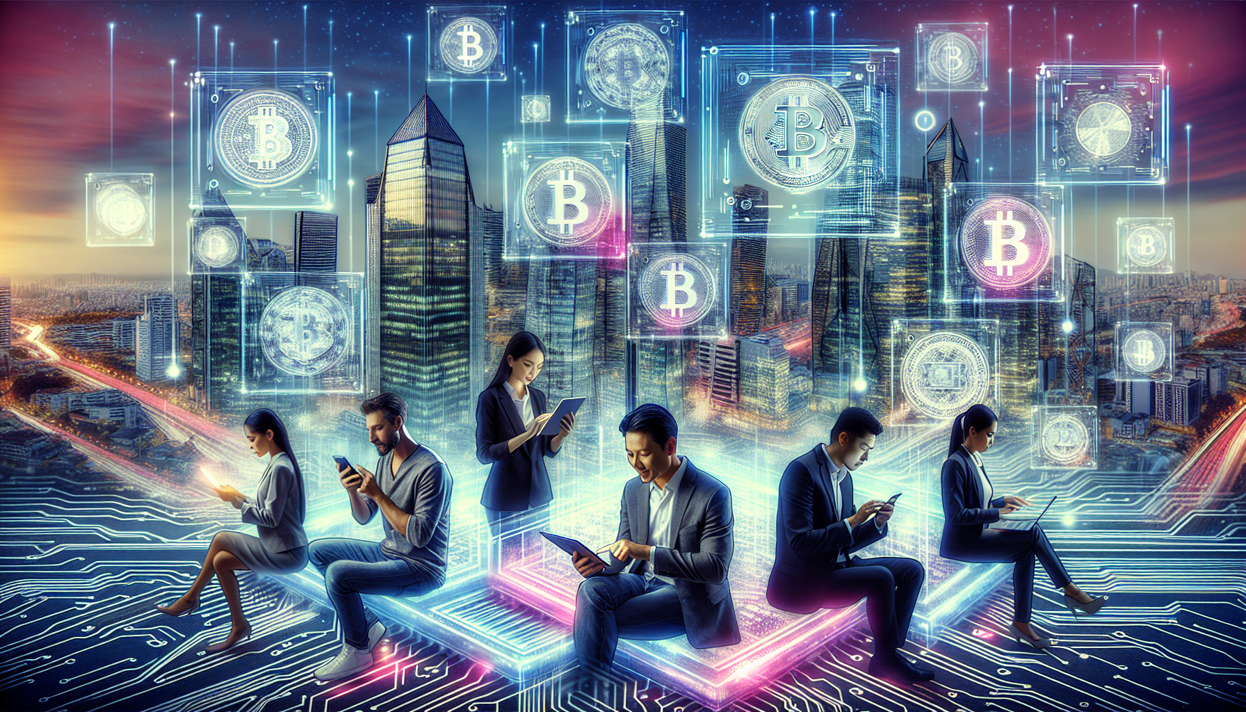 A futuristic city scene where digital currency icons float above buildings, with transparent computer screens displaying blockchain algorithms and a diverse group of people using different devices to engage in transactions. The background features sleek skyscrapers embedded with circuits and glowing ledgers, symbolizing the merging of technology and finance.