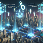 Create an image of a digital, futuristic cityscape that visually represents blockchain technology. In the forefront, feature interconnected, glowing blocks forming a chain, each labeled with terms like Smart Contracts, Decentralization, and Transparency. Include digital avatars engaging in transactions, symbolizing peer-to-peer interactions. Augment the scene with holographic graphs and charts showcasing data flow and security features. Ensure a sleek, modern aesthetic to illustrate the advanced and comprehensive nature of Forsage blockchain technology.