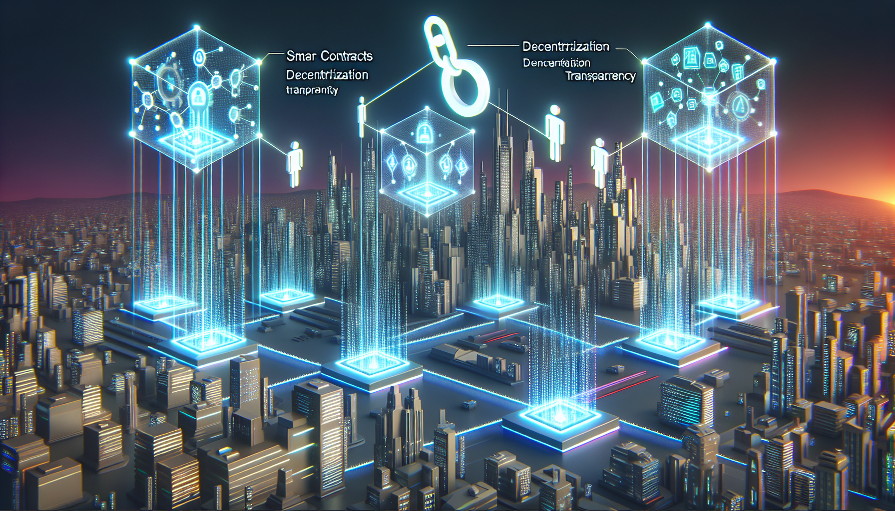 Create an image of a digital, futuristic cityscape that visually represents blockchain technology. In the forefront, feature interconnected, glowing blocks forming a chain, each labeled with terms like Smart Contracts, Decentralization, and Transparency. Include digital avatars engaging in transactions, symbolizing peer-to-peer interactions. Augment the scene with holographic graphs and charts showcasing data flow and security features. Ensure a sleek, modern aesthetic to illustrate the advanced and comprehensive nature of Forsage blockchain technology.