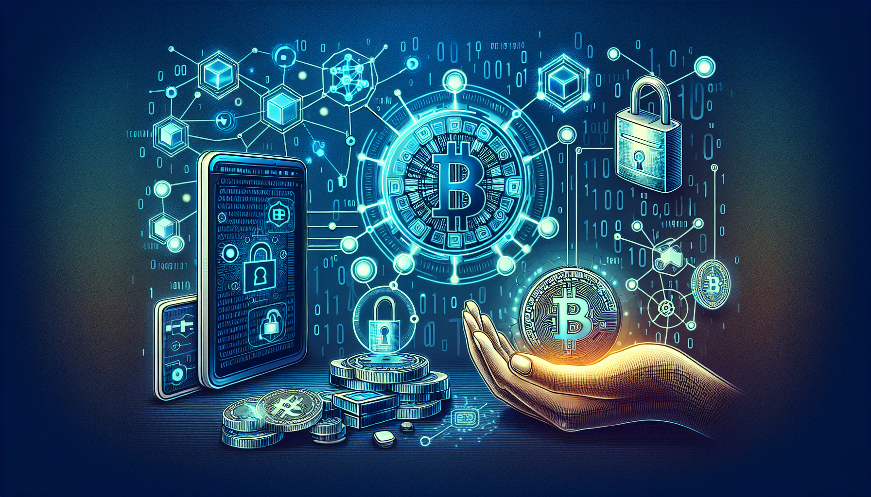 Create an image depicting the basics of cryptocurrency technology. The scene should include a digital coin with the Bitcoin logo, a blockchain network represented as interconnected blocks or nodes, and a smartphone showing a cryptocurrency wallet app. Use a futuristic background with subtle elements of computer code and security icons to emphasize the digital and secure nature of cryptocurrency technology. The overall tone should be educational and visually engaging.