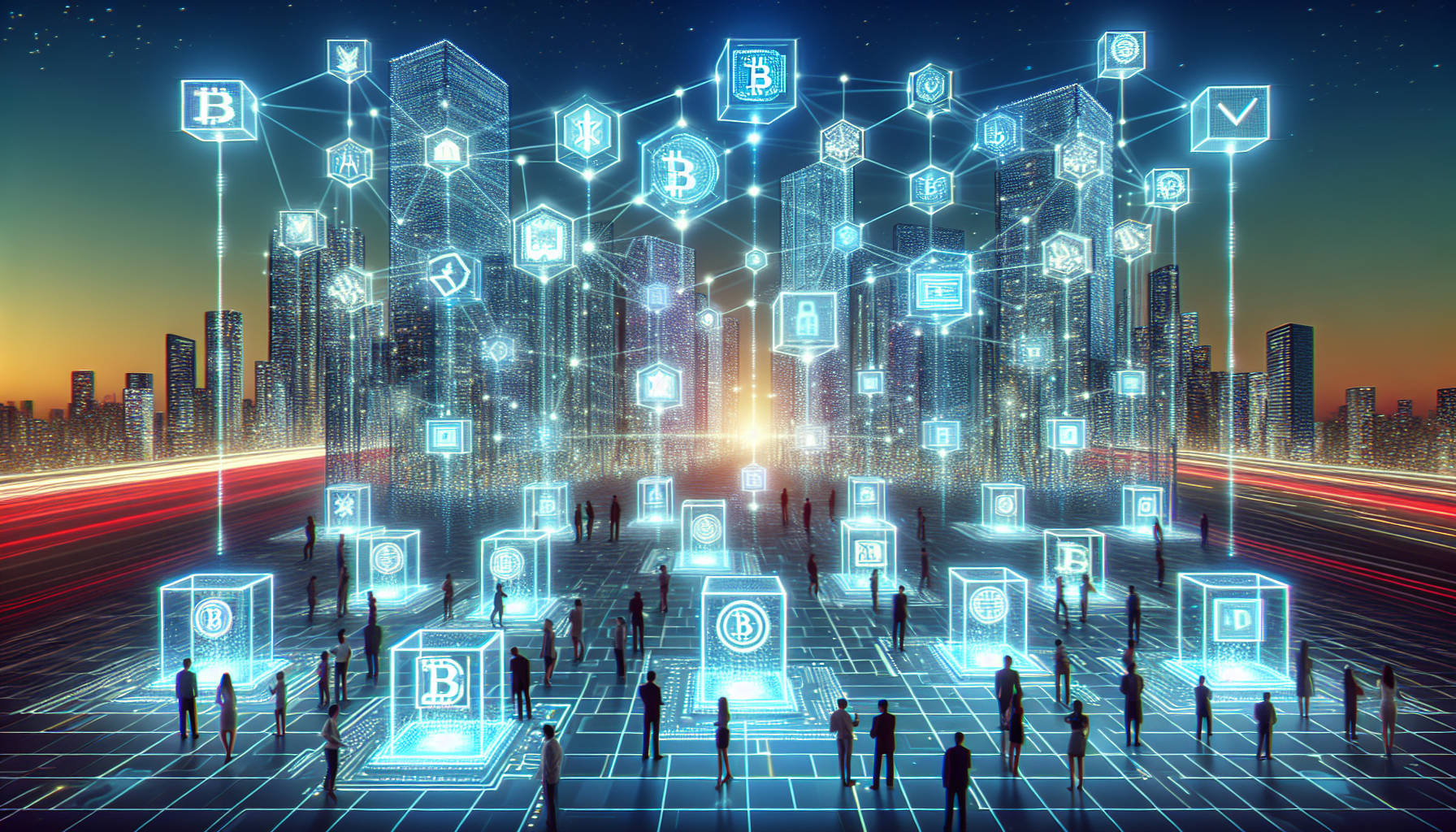 Create an image illustrating the concept of blockchain in cryptocurrency: a futuristic cityscape where digital lines and glowing blocks form a secure chain pattern in the sky. Each block contains symbols of cryptocurrencies and data. In the foreground, tech-savvy individuals interact with holographic screens displaying blockchain networks and monetary transactions, highlighting transparency and decentralization. The overall atmosphere should convey innovation, security, and digital revolution.