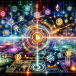 Create an image depicting the Quantum Financial System in the world of cryptocurrency. Visualize a high-tech, futuristic setting with quantum computers, digital currencies like Bitcoin and Ethereum, and holographic financial data streams connecting around a central glowing quantum node. Incorporate blockchain symbols and a seamless integration of finance and advanced quantum technology.