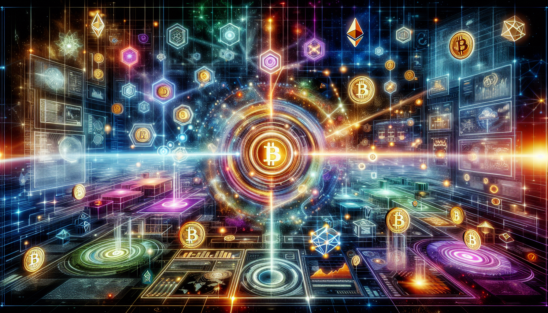 Create an image depicting the Quantum Financial System in the world of cryptocurrency. Visualize a high-tech, futuristic setting with quantum computers, digital currencies like Bitcoin and Ethereum, and holographic financial data streams connecting around a central glowing quantum node. Incorporate blockchain symbols and a seamless integration of finance and advanced quantum technology.