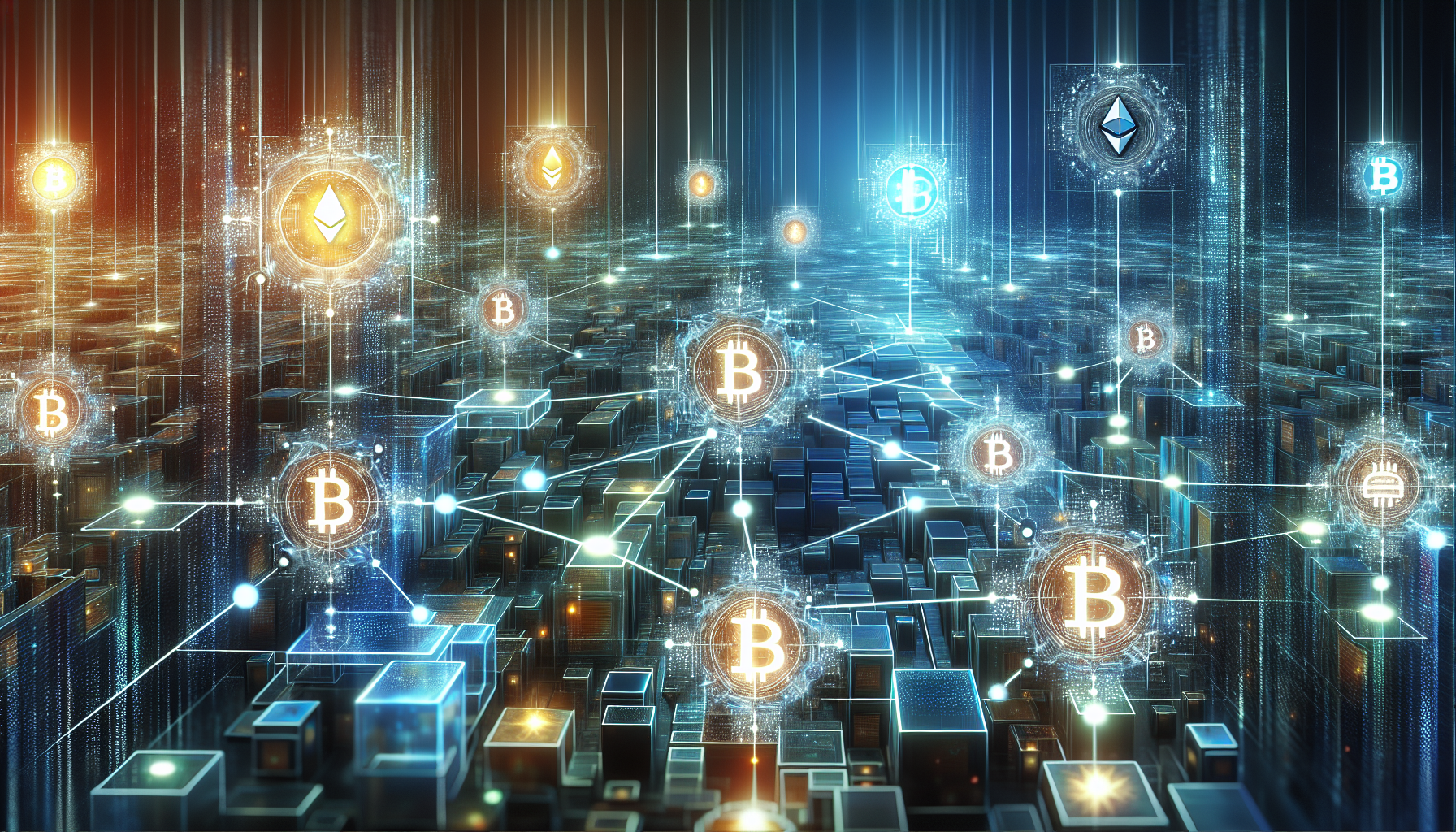 Create an image depicting the intricate relationship between blockchain and cryptocurrency. Visualize a modern digital landscape where decentralized blocks of data are interconnected through complex chains, symbolizing the blockchain technology. Overlay this with glowing cryptocurrency symbols like Bitcoin and Ethereum. Show the fluid exchange of information and value, highlighting security and transparency. The scene should embody futuristic tech innovation and digital finance.