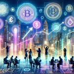 Create an image illustrating the future landscape of cryptocurrency in 2023, highlighting advanced blockchain technology with a futuristic city backdrop. Include various digital currencies represented as holograms, charts showing upward trends, and tech-savvy individuals analyzing these projections on sleek, transparent screens. The scene should exude innovation, growth, and cutting-edge technology.