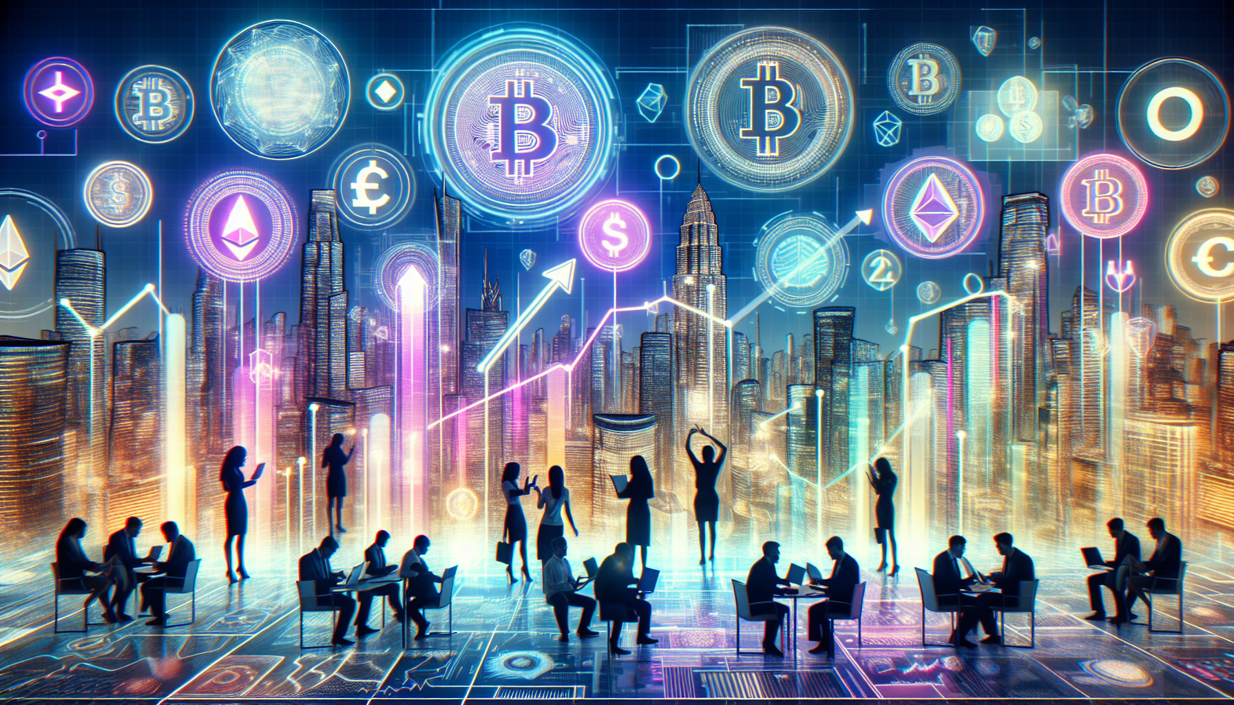 Create an image illustrating the future landscape of cryptocurrency in 2023, highlighting advanced blockchain technology with a futuristic city backdrop. Include various digital currencies represented as holograms, charts showing upward trends, and tech-savvy individuals analyzing these projections on sleek, transparent screens. The scene should exude innovation, growth, and cutting-edge technology.