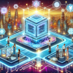 Create an image of a futuristic digital hive with a sleek and modern design, symbolizing blockchain technology. The hive should be interconnected with glowing circuits and data nodes, representing the decentralization and security of blockchain. Young professionals and tech enthusiasts can be seen interacting with holographic interfaces around the hive, highlighting the integration and influence of blockchain in modern digital technology. The background should feature an upscale cityscape with various innovative technologies.