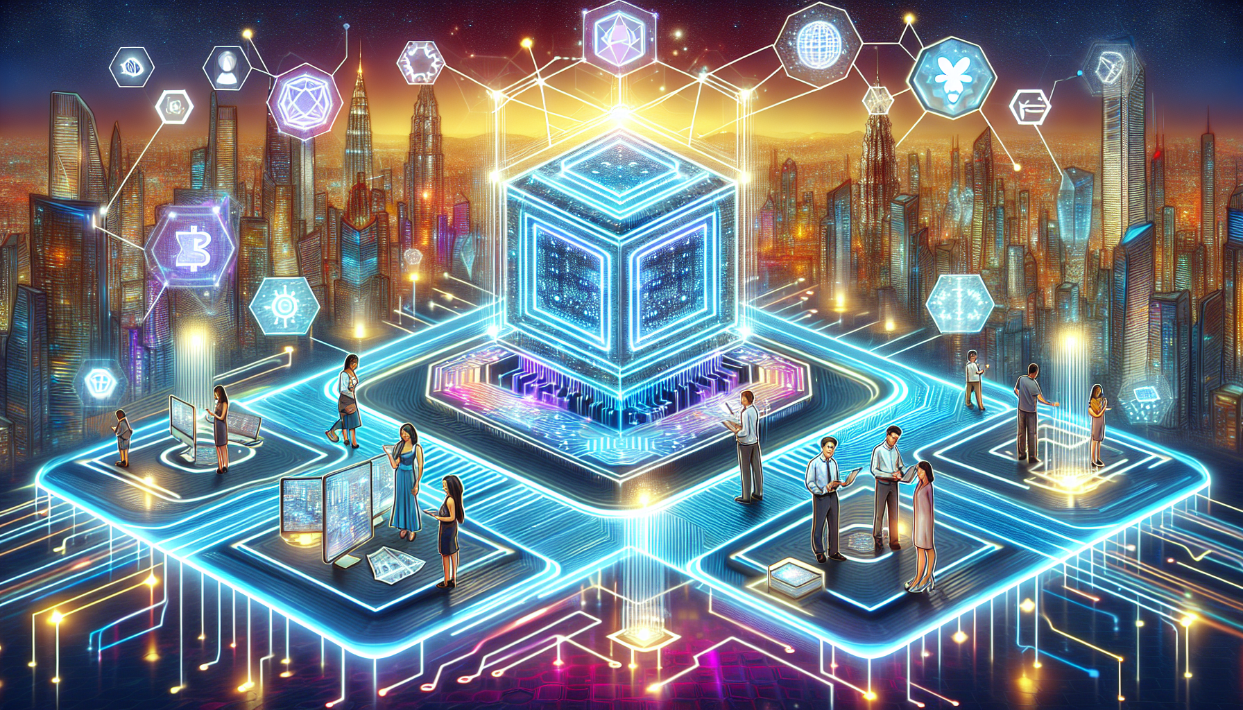 Create an image of a futuristic digital hive with a sleek and modern design, symbolizing blockchain technology. The hive should be interconnected with glowing circuits and data nodes, representing the decentralization and security of blockchain. Young professionals and tech enthusiasts can be seen interacting with holographic interfaces around the hive, highlighting the integration and influence of blockchain in modern digital technology. The background should feature an upscale cityscape with various innovative technologies.