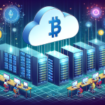 Create a digital illustration depicting the concept of blockchain cloud mining. Show a combination of data centers filled with servers and a cloud above them symbolizing cloud mining. Include visual elements such as blockchain symbols, cryptocurrency icons, and miners connected remotely from their homes using laptops. Make the scene futuristic and technologically advanced.