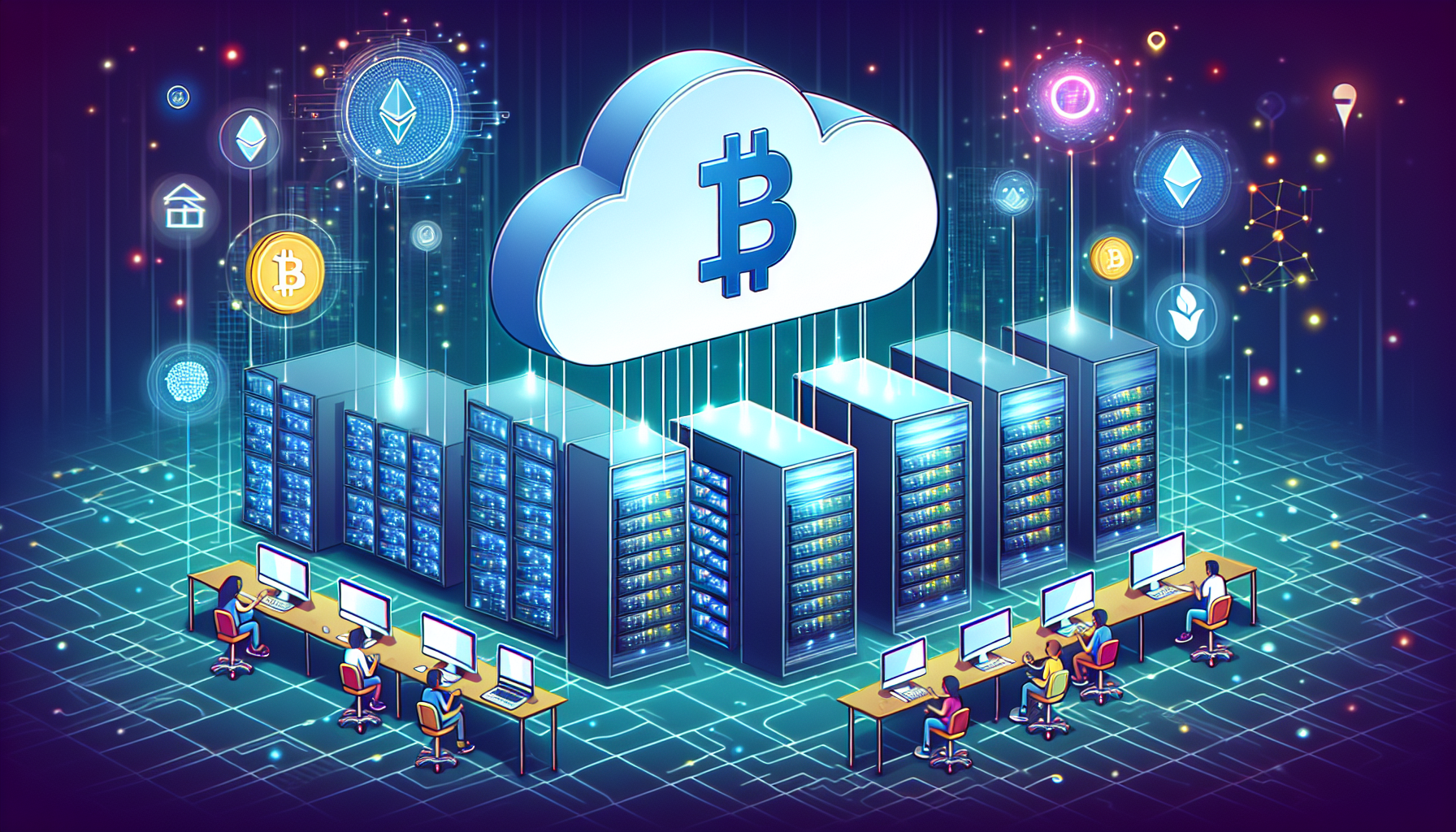 Create a digital illustration depicting the concept of blockchain cloud mining. Show a combination of data centers filled with servers and a cloud above them symbolizing cloud mining. Include visual elements such as blockchain symbols, cryptocurrency icons, and miners connected remotely from their homes using laptops. Make the scene futuristic and technologically advanced.