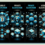 Create a detailed illustration showcasing various types of blockchains. Include representations of public blockchains like Bitcoin and Ethereum, private blockchains used in corporations, and hybrid blockchains. Add elements such as interconnected nodes, digital ledgers, and smart contracts to emphasize their differences and uses. Use a modern, tech-inspired color palette with blues, blacks, and neon accents.