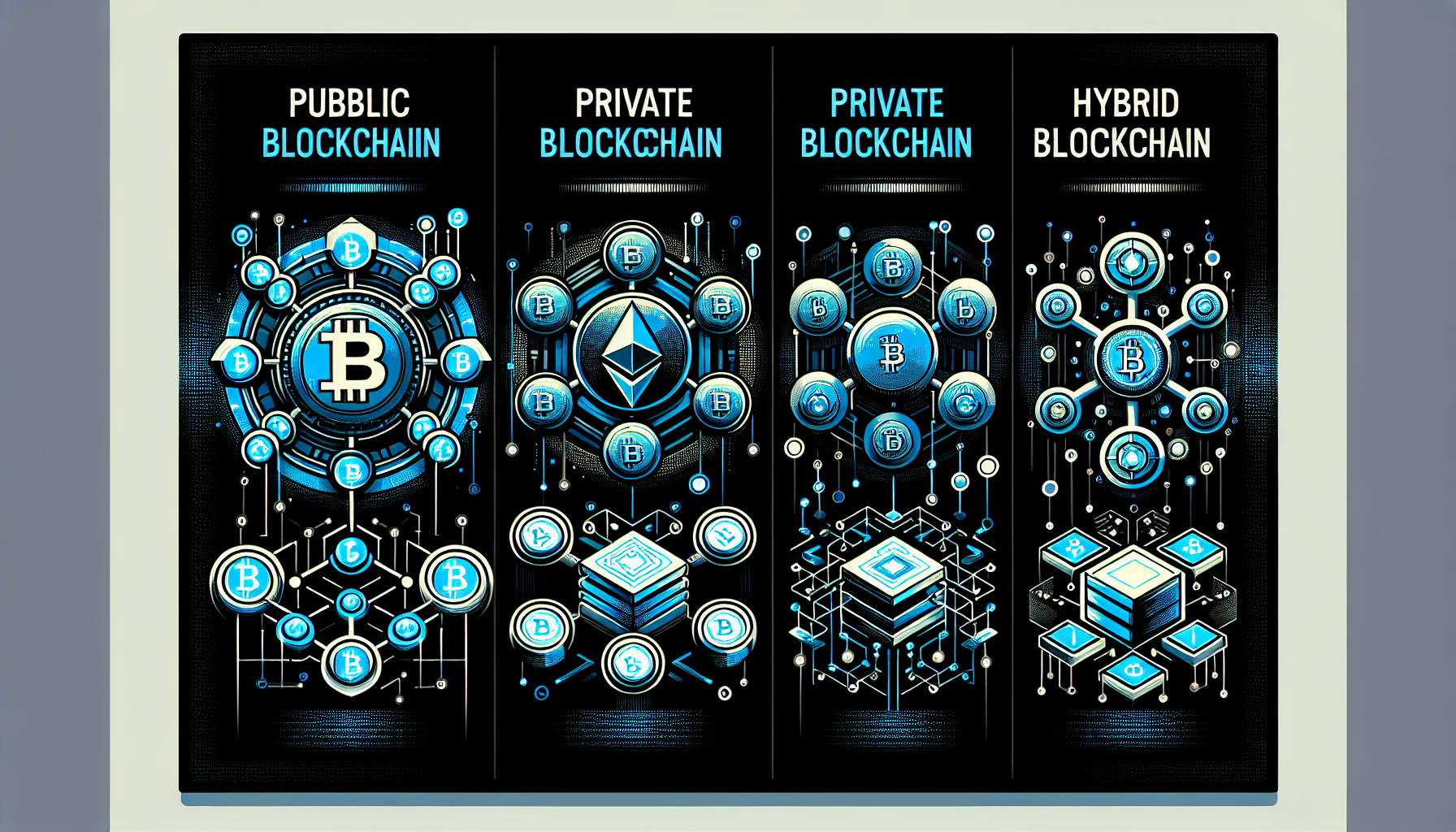 Create a detailed illustration showcasing various types of blockchains. Include representations of public blockchains like Bitcoin and Ethereum, private blockchains used in corporations, and hybrid blockchains. Add elements such as interconnected nodes, digital ledgers, and smart contracts to emphasize their differences and uses. Use a modern, tech-inspired color palette with blues, blacks, and neon accents.