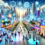 A futuristic virtual world with vibrant, sprawling cityscapes and lush landscapes, showcasing avatars interacting and engaging in various activities. Incorporate holographic blockchain symbols floating around, demonstrating secure transactions and data exchanges. Emphasize the seamless integration of technology and society, with virtual billboards displaying blockchain networks and neon signs highlighting the metaverse. The scene should be both immersive and dynamic, illustrating how blockchain is fundamentally shaping and securing this digital universe.