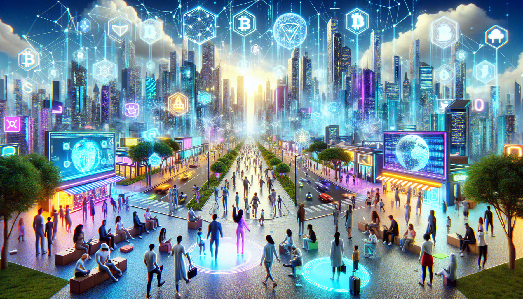 A futuristic virtual world with vibrant, sprawling cityscapes and lush landscapes, showcasing avatars interacting and engaging in various activities. Incorporate holographic blockchain symbols floating around, demonstrating secure transactions and data exchanges. Emphasize the seamless integration of technology and society, with virtual billboards displaying blockchain networks and neon signs highlighting the metaverse. The scene should be both immersive and dynamic, illustrating how blockchain is fundamentally shaping and securing this digital universe.