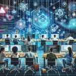 Create an image of software developers working in a high-tech office, with holographic screens displaying complex code and blockchain diagrams. Feature interconnected blockchain nodes floating above their desks, symbolizing the integration of blockchain technology in software development. Include visually distinct blockchains flowing through the scene, highlighting secure data transfer and collaboration.