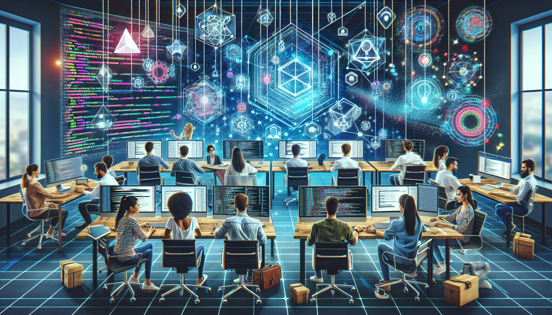 Create an image of software developers working in a high-tech office, with holographic screens displaying complex code and blockchain diagrams. Feature interconnected blockchain nodes floating above their desks, symbolizing the integration of blockchain technology in software development. Include visually distinct blockchains flowing through the scene, highlighting secure data transfer and collaboration.