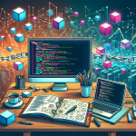 Create an illustration of a blockchain coding tutorial scene. Depict a desk with a computer screen displaying lines of code, a coffee cup, a notebook with sketches of blocks and chains, and a book titled 'Blockchain for Beginners'. Add a background of abstract digital chains connecting blocks with futuristic elements to emphasize the blockchain theme.