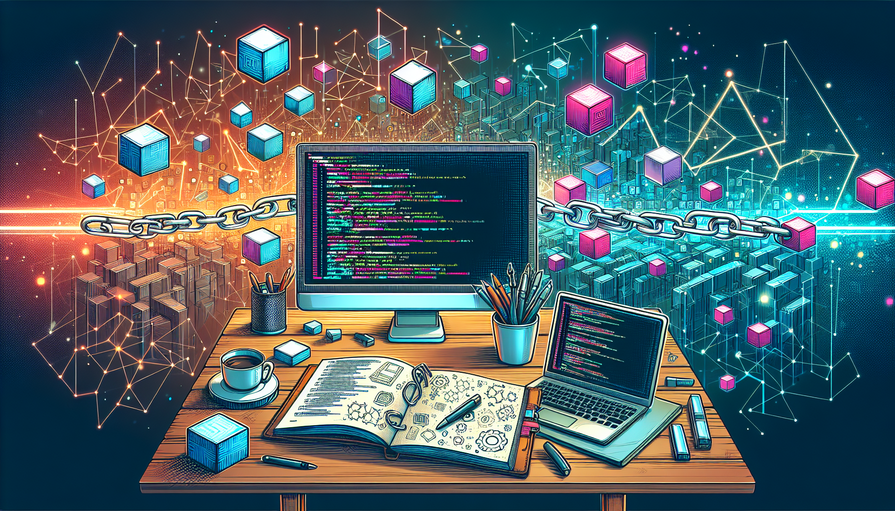 Create an illustration of a blockchain coding tutorial scene. Depict a desk with a computer screen displaying lines of code, a coffee cup, a notebook with sketches of blocks and chains, and a book titled 'Blockchain for Beginners'. Add a background of abstract digital chains connecting blocks with futuristic elements to emphasize the blockchain theme.