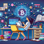 Create an engaging and visually appealing illustration of a person learning about blockchain technology. The scene should feature a cozy home setup with a computer displaying a blockchain diagram, books, and notes about blockchain around the workspace. Include visual elements like digital connections and blockchain networks floating in the background to highlight the technology's complexity. Use a modern and clean art style to make the topic approachable for beginners.