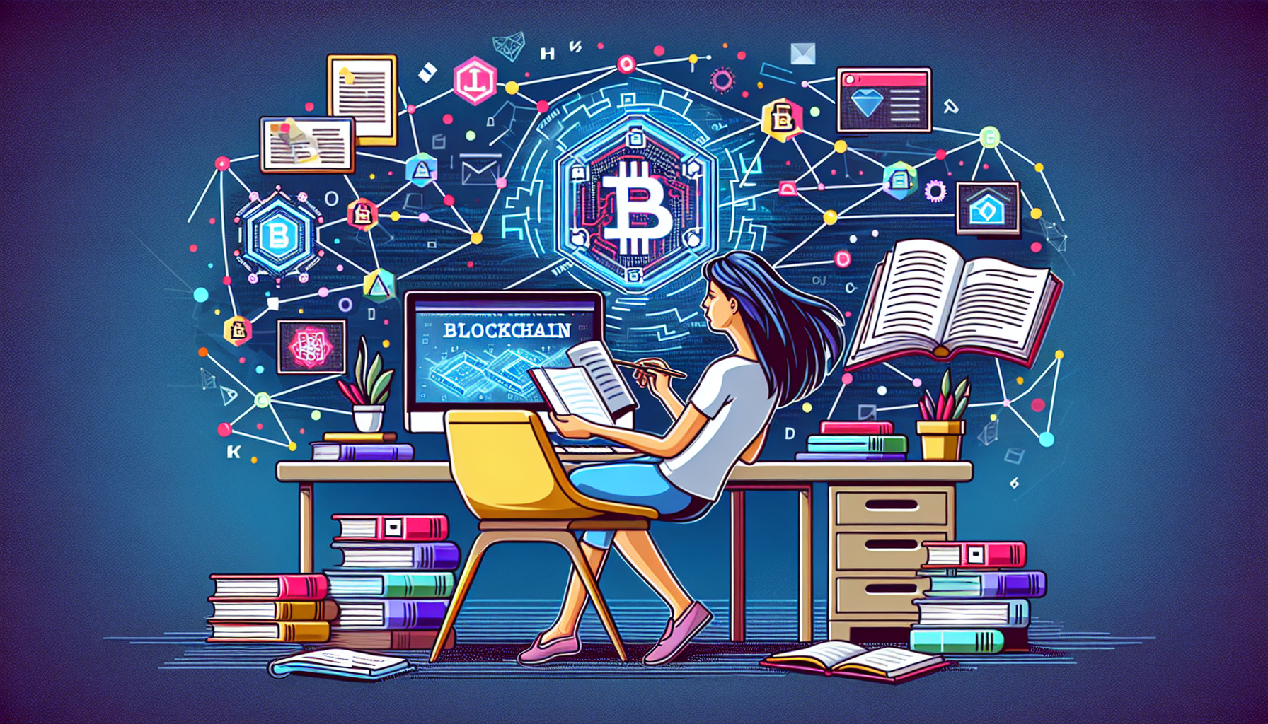 Create an engaging and visually appealing illustration of a person learning about blockchain technology. The scene should feature a cozy home setup with a computer displaying a blockchain diagram, books, and notes about blockchain around the workspace. Include visual elements like digital connections and blockchain networks floating in the background to highlight the technology's complexity. Use a modern and clean art style to make the topic approachable for beginners.