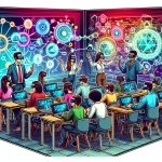 Create an image that illustrates a futuristic classroom where students are using holographic tablets connected to a blockchain network. The classroom should have a modern, sleek design with digital screens displaying blockchain nodes and smart contracts. The teacher, equipped with augmented reality glasses, is guiding students through an interactive lesson on blockchain technology. The background includes visual elements representing data security and decentralized networks.