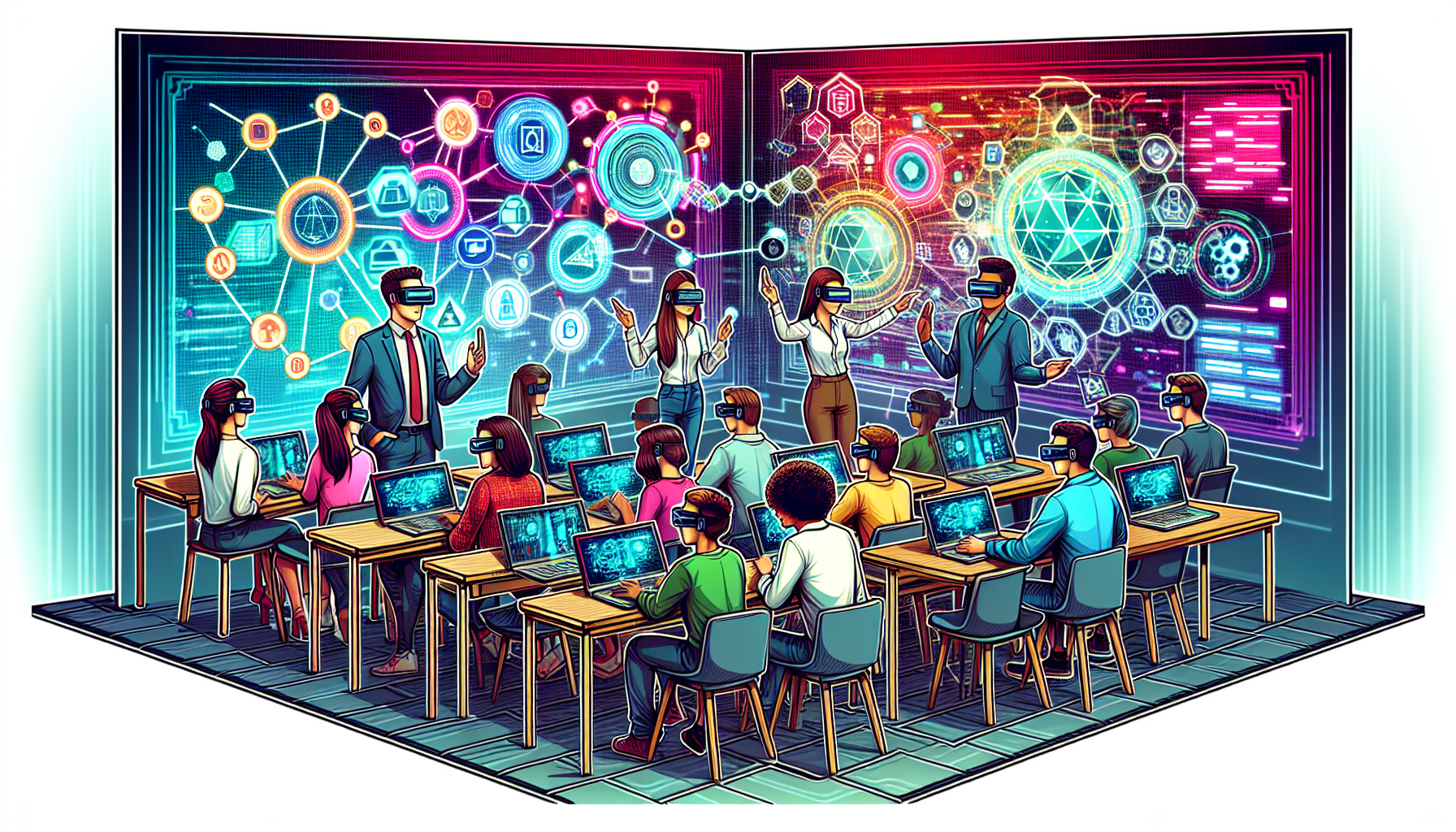 Create an image that illustrates a futuristic classroom where students are using holographic tablets connected to a blockchain network. The classroom should have a modern, sleek design with digital screens displaying blockchain nodes and smart contracts. The teacher, equipped with augmented reality glasses, is guiding students through an interactive lesson on blockchain technology. The background includes visual elements representing data security and decentralized networks.