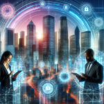 A futuristic cityscape with modern skyscrapers. In the foreground, a real estate transaction is taking place with two businessmen exchanging digital contracts on tablet devices. Overhead, transparent holographic screens display blockchain data, secure transactions, and property titles. The background incorporates blockchain motifs with interconnected digital nodes flowing through the city, symbolizing the seamless integration of blockchain technology in real estate.