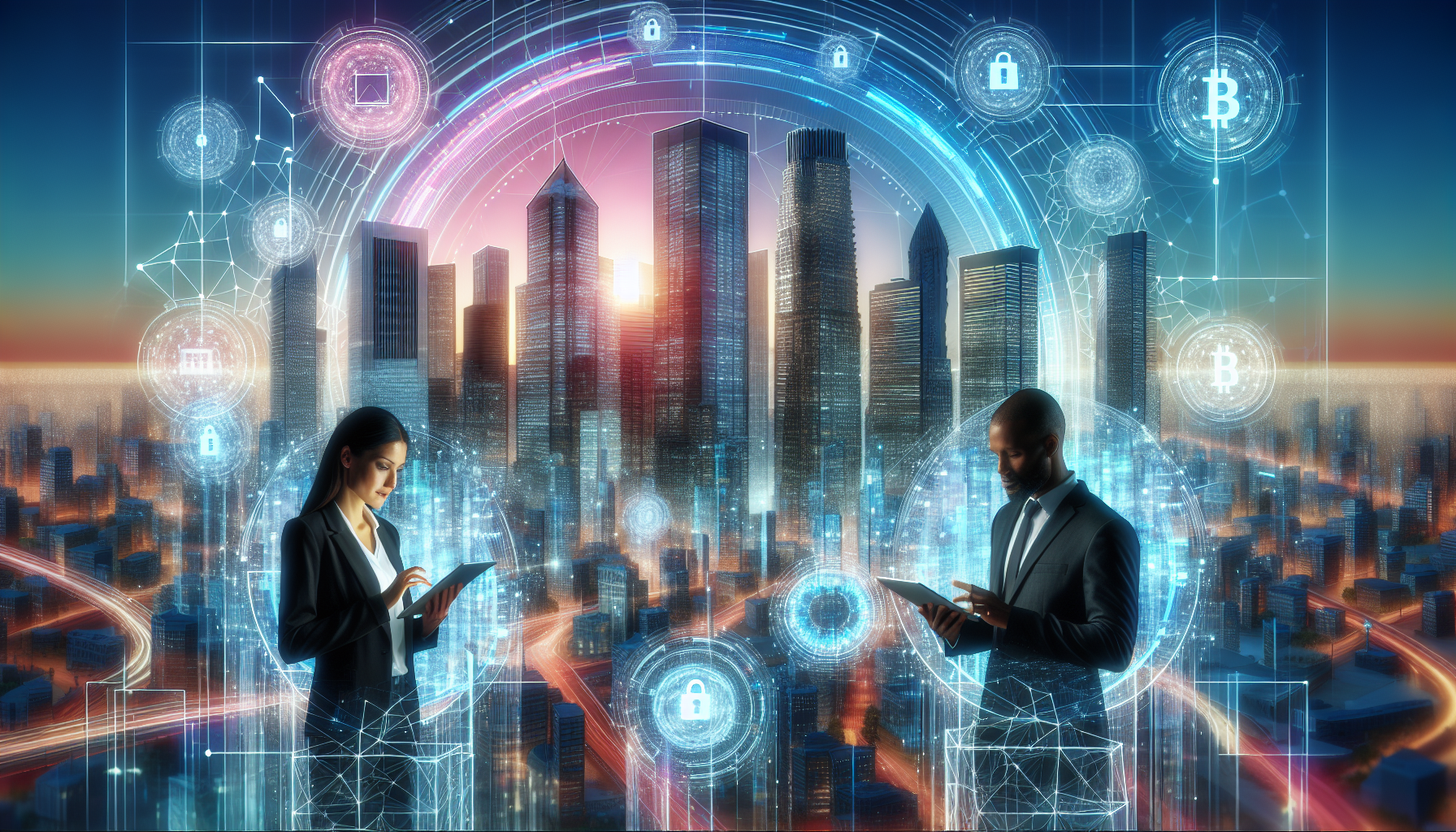 A futuristic cityscape with modern skyscrapers. In the foreground, a real estate transaction is taking place with two businessmen exchanging digital contracts on tablet devices. Overhead, transparent holographic screens display blockchain data, secure transactions, and property titles. The background incorporates blockchain motifs with interconnected digital nodes flowing through the city, symbolizing the seamless integration of blockchain technology in real estate.