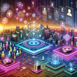 A futuristic digital landscape showcasing interconnected peers and decentralized networks, symbolizing Web 3.0 and blockchain technology. Render vibrant, abstract circuits and nodes seamlessly connecting various devices, with holographic interfaces and blocks of transparent data chains in the background. Include diverse avatars representing users interacting in a decentralized internet sphere. The scene should look advanced, innovative, and highly interconnected.