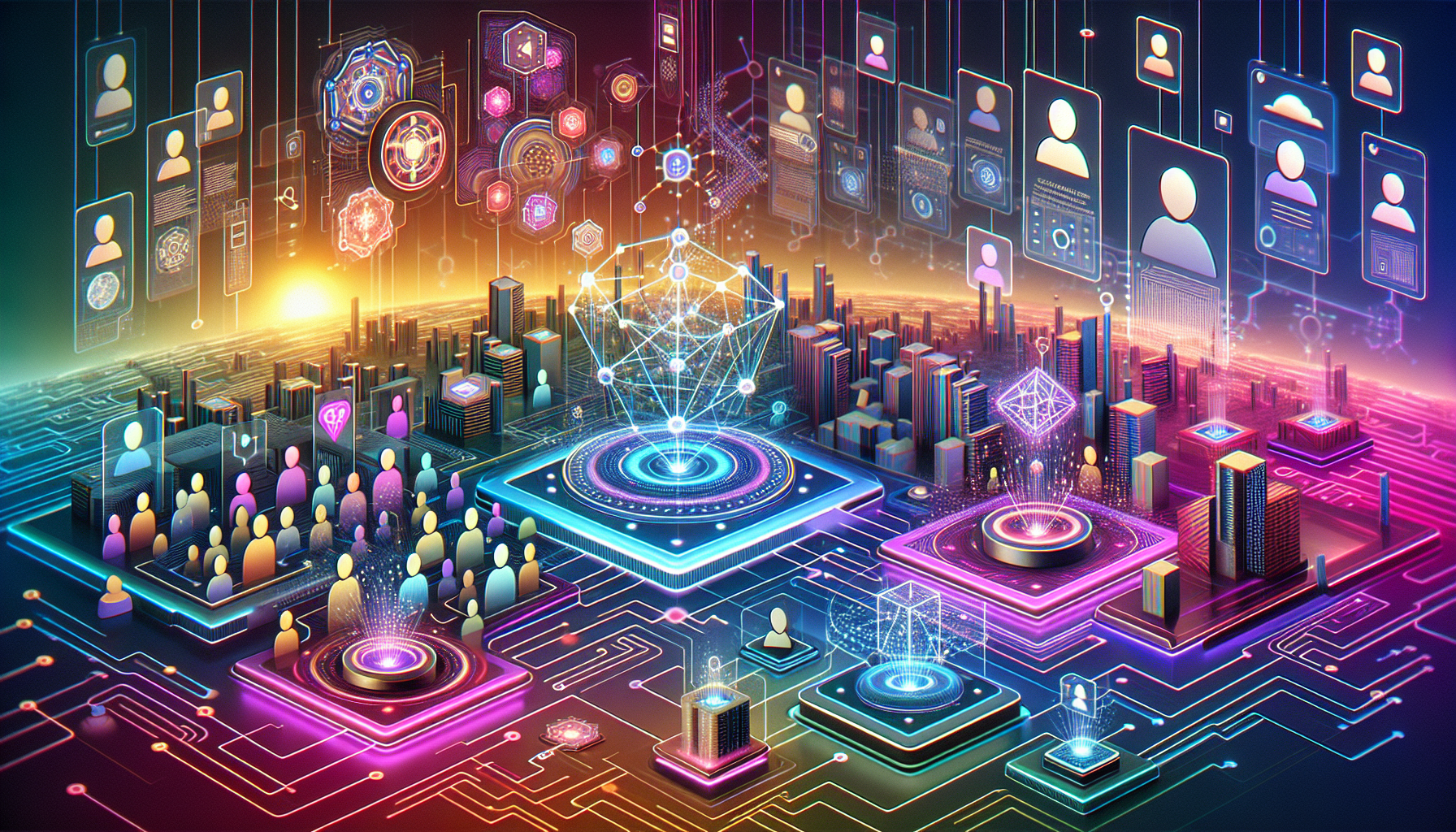 A futuristic digital landscape showcasing interconnected peers and decentralized networks, symbolizing Web 3.0 and blockchain technology. Render vibrant, abstract circuits and nodes seamlessly connecting various devices, with holographic interfaces and blocks of transparent data chains in the background. Include diverse avatars representing users interacting in a decentralized internet sphere. The scene should look advanced, innovative, and highly interconnected.