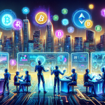 Create an image featuring a futuristic cityscape at night with holographic billboards displaying cryptocurrency symbols like Bitcoin, Ethereum, and others. In the foreground, depict robots and AI avatars engaging in financial transactions and analyzing market data on transparent screens. The overall atmosphere should blend high-tech elements with a sense of financial innovation.