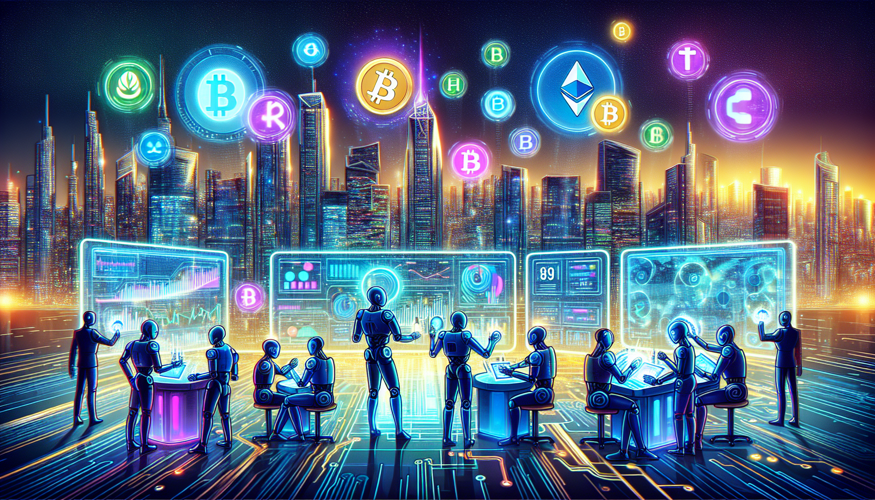 Create an image featuring a futuristic cityscape at night with holographic billboards displaying cryptocurrency symbols like Bitcoin, Ethereum, and others. In the foreground, depict robots and AI avatars engaging in financial transactions and analyzing market data on transparent screens. The overall atmosphere should blend high-tech elements with a sense of financial innovation.