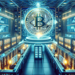 Create an image depicting a futuristic, high-tech crypto mining facility named Hive. The facility should be buzzing with activity, featuring rows of sleek, glowing servers and advanced cooling systems. The scene is set in a cutting-edge control room with multiple monitors displaying real-time data and graphs. In the background, a digital representation of a golden Bitcoin floats above a holographic blueprint of the facility, symbolizing the concept of digital gold. The overall atmosphere should convey innovation, efficiency, and the energy of the future of cryptocurrency mining.