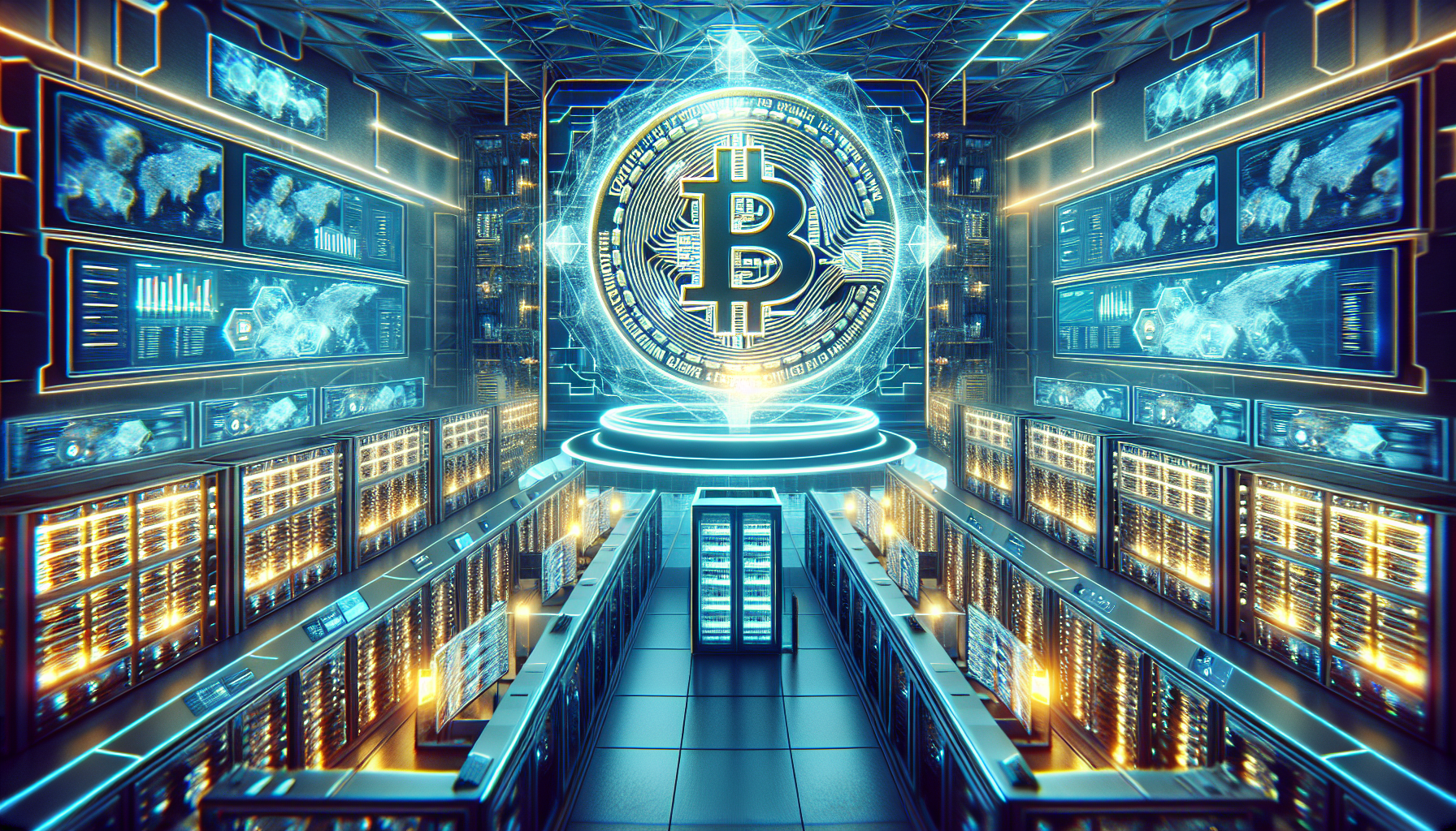 Create an image depicting a futuristic, high-tech crypto mining facility named Hive. The facility should be buzzing with activity, featuring rows of sleek, glowing servers and advanced cooling systems. The scene is set in a cutting-edge control room with multiple monitors displaying real-time data and graphs. In the background, a digital representation of a golden Bitcoin floats above a holographic blueprint of the facility, symbolizing the concept of digital gold. The overall atmosphere should convey innovation, efficiency, and the energy of the future of cryptocurrency mining.