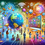 Create an image that depicts the evolution of the internet transitioning to Web3 blockchain technology. Show futuristic digital elements, decentralized networks, and secure data transactions represented by blockchain nodes. Incorporate images of people interacting in a modern, tech-savvy environment with holographic interfaces, symbolizing the advanced, user-centric era of the internet. Include elements such as smart contracts, cryptocurrency icons, and a seamless blend of digital and physical worlds.