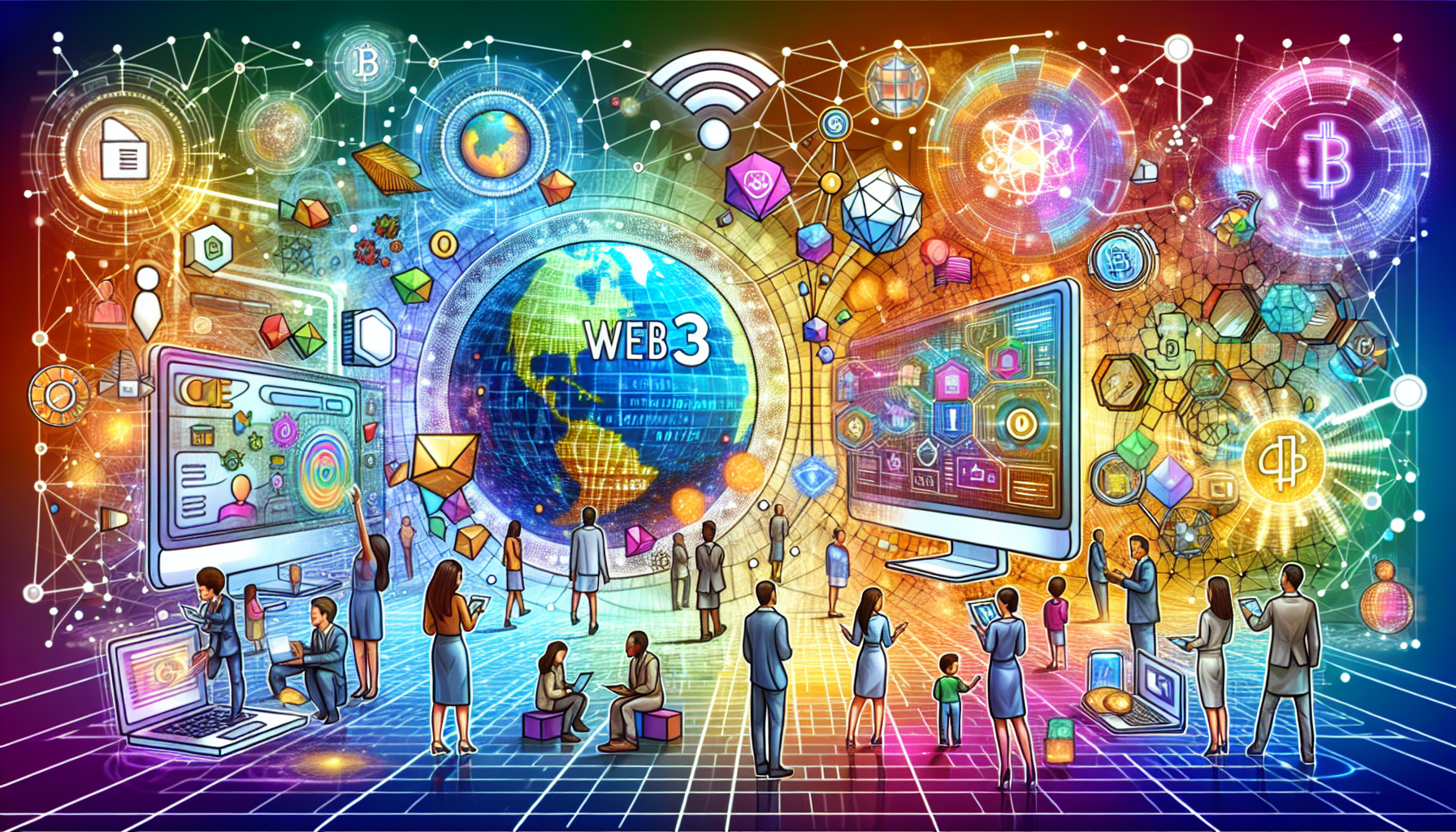 Create an image that depicts the evolution of the internet transitioning to Web3 blockchain technology. Show futuristic digital elements, decentralized networks, and secure data transactions represented by blockchain nodes. Incorporate images of people interacting in a modern, tech-savvy environment with holographic interfaces, symbolizing the advanced, user-centric era of the internet. Include elements such as smart contracts, cryptocurrency icons, and a seamless blend of digital and physical worlds.