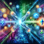 An artistic depiction of two intersecting paths; one path is made of glowing blockchain nodes linked together with visible cryptographic hashes, while the other path is formed by various cryptocurrency symbols like Bitcoin, Ethereum, and Ripple. At the intersection, a large, abstract digital handshake is formed, symbolizing the connection between cryptocurrency and blockchain technology. The background features a futuristic cityscape with digital screens displaying market trends and data analytics. The overall color scheme is a blend of deep blues and neon greens, reflecting both the tech-savvy and futuristic nature of the subject.