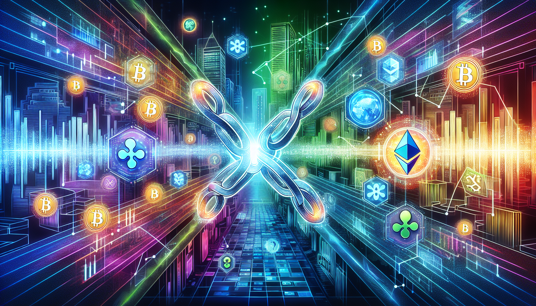 An artistic depiction of two intersecting paths; one path is made of glowing blockchain nodes linked together with visible cryptographic hashes, while the other path is formed by various cryptocurrency symbols like Bitcoin, Ethereum, and Ripple. At the intersection, a large, abstract digital handshake is formed, symbolizing the connection between cryptocurrency and blockchain technology. The background features a futuristic cityscape with digital screens displaying market trends and data analytics. The overall color scheme is a blend of deep blues and neon greens, reflecting both the tech-savvy and futuristic nature of the subject.